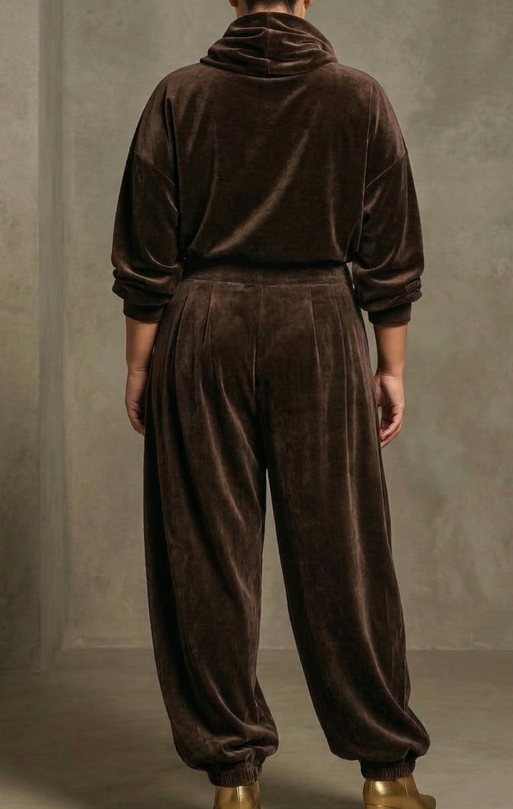 Vintage bruine fluwelen hoodie en losse broek set (Inclusief riem)