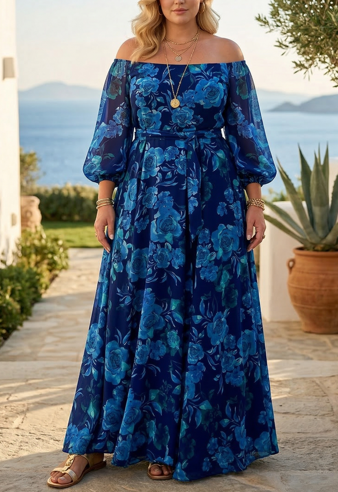 Colette - Lange jurk met bloemenpatroon en off-the-shoulder mouwen