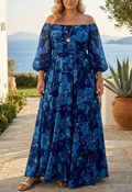 Colette - Lange jurk met bloemenpatroon en off-the-shoulder mouwen