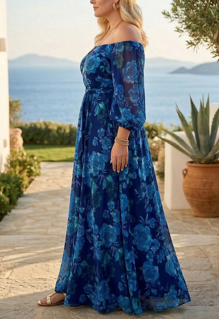Colette - Lange jurk met bloemenpatroon en off-the-shoulder mouwen
