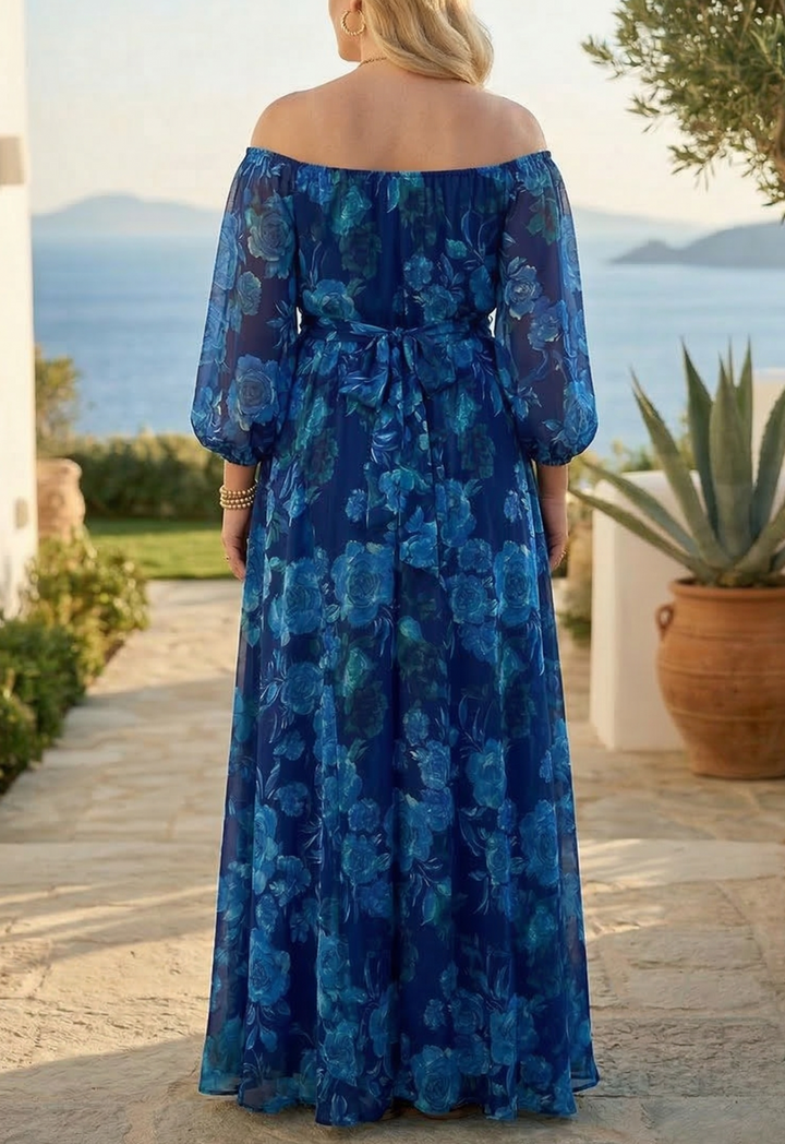Aisha - Lange jurk met bloemenprint en off-the-shoulder mouwen