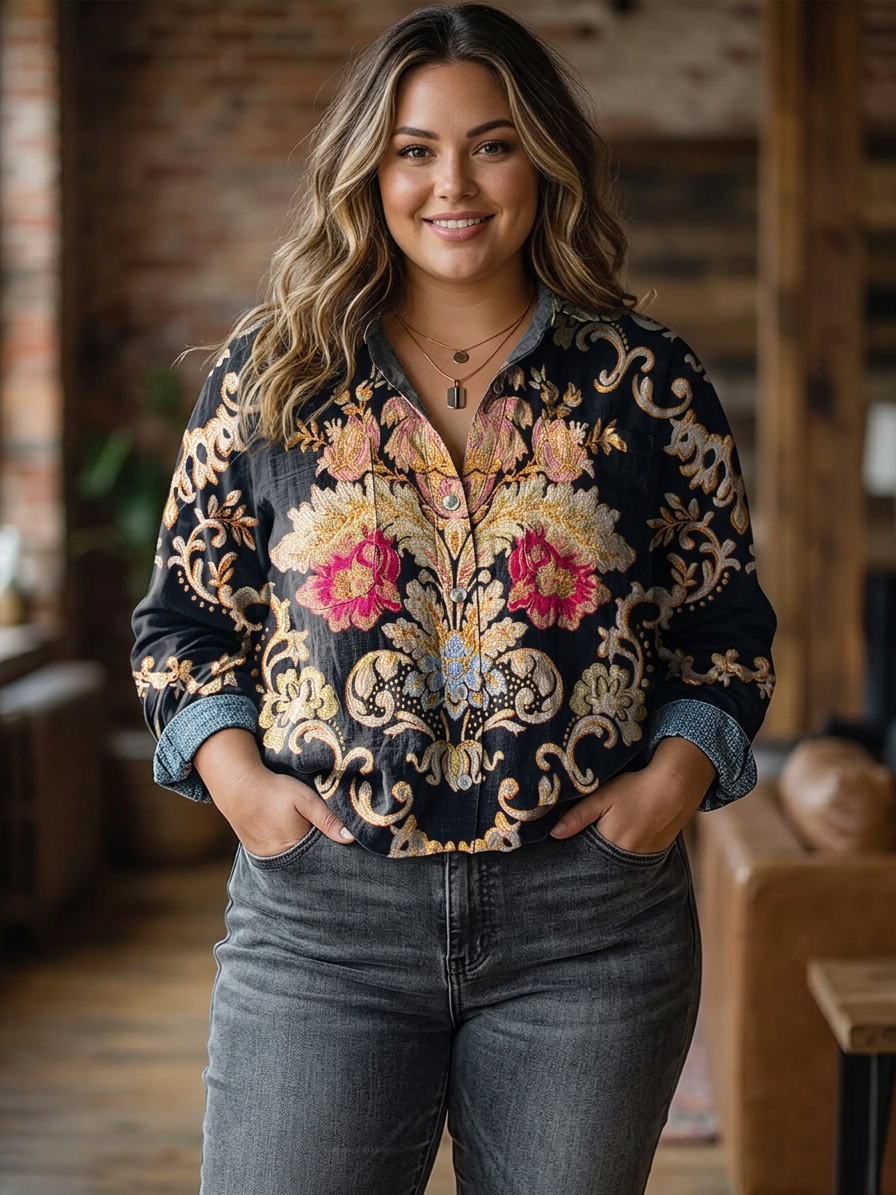 Clover | Vintage Mooie Bloemige Kunstafdruk Casual Lange Mouwen