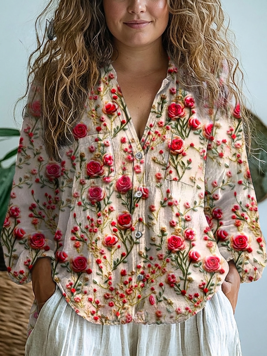 Daria | Retro Bloemen Kunstprint Casual Lange Mouwen