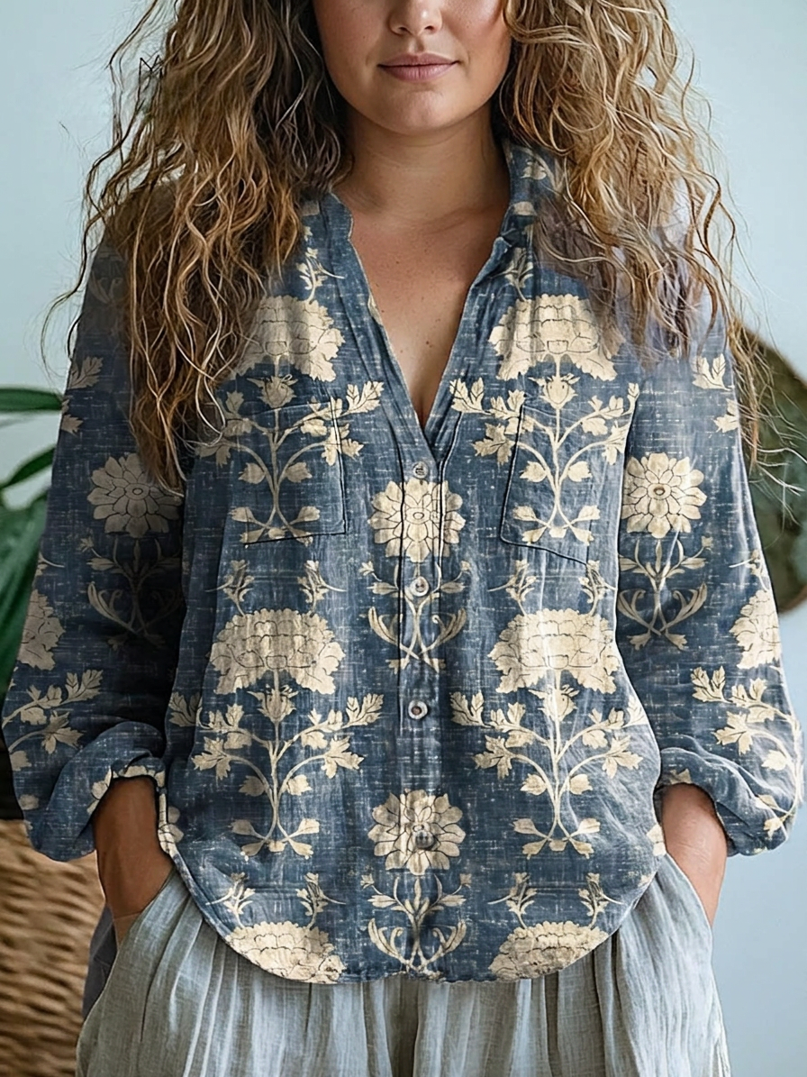 Cataleya | Dames Vintage Schattige Bloemenkunst Print Casual Lange Mouw Comfortabele Katoenen Shirt