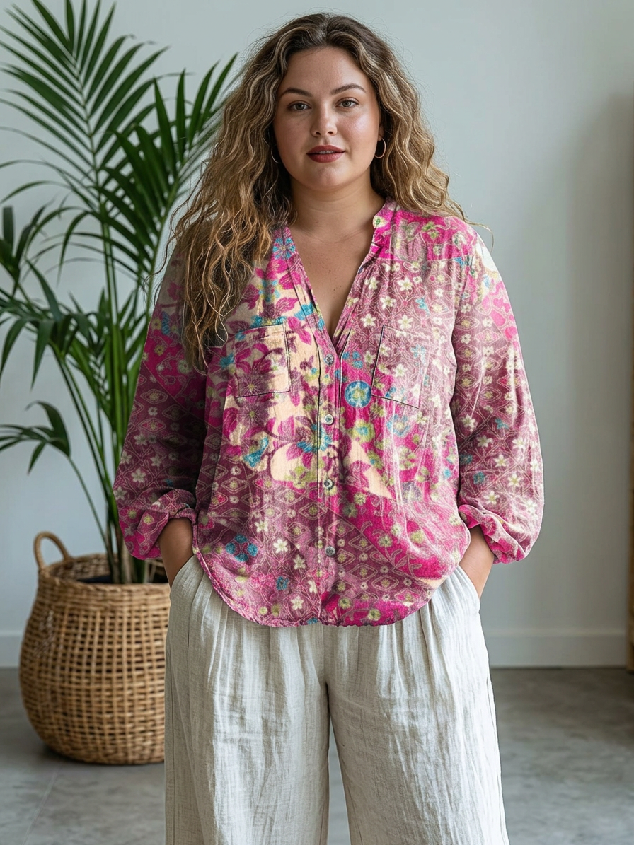 Rin | Vintage Bloemen Kunstafdruk Casual Lange Mouwen