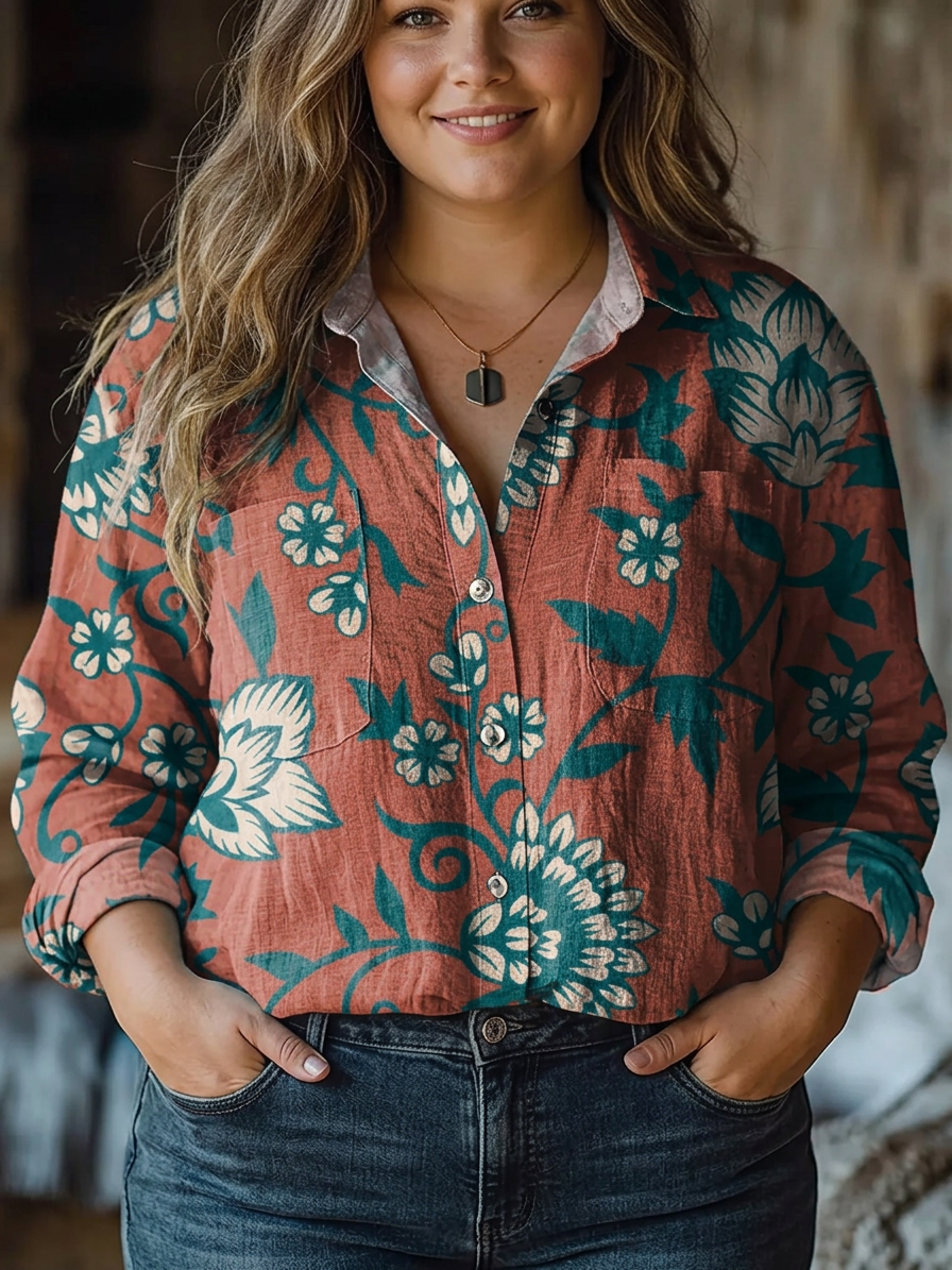 Noa | Retro Rode Bloemenprint Casual Lange Mouwen