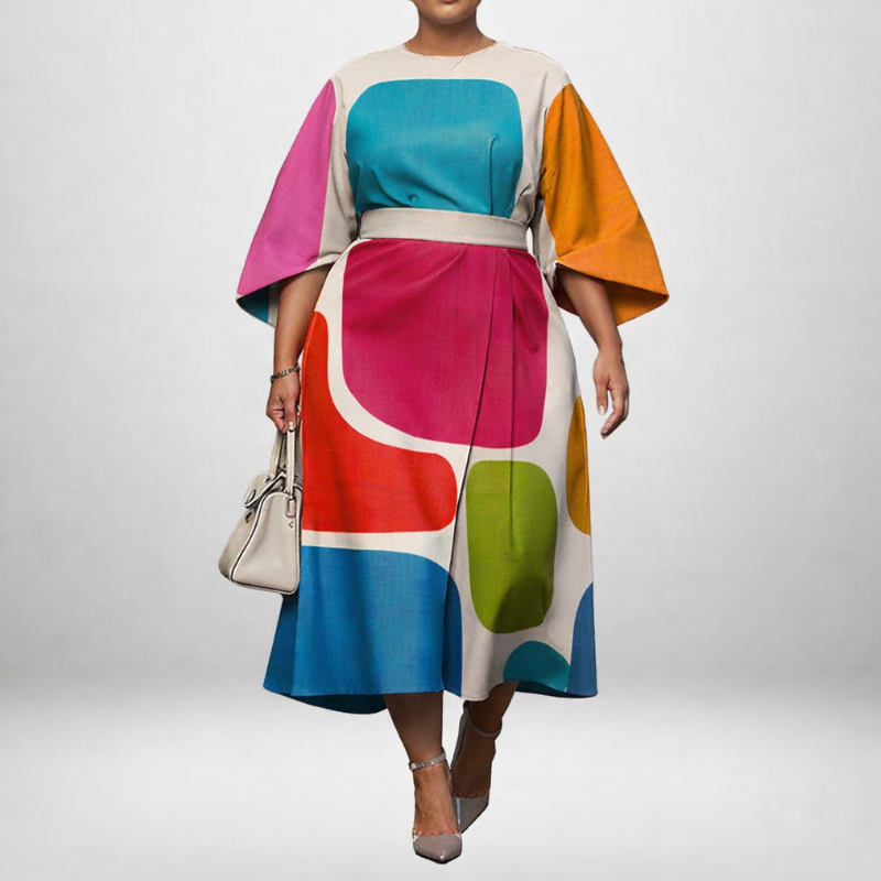 NELL | Abstract Colorblock Midi met Gesculptueerde Taille en Vloeiende Elegantie