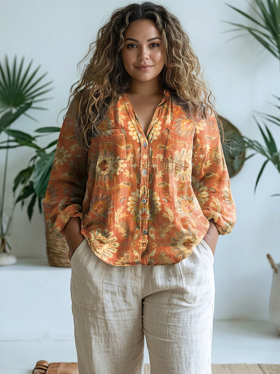 Fauna | Vintage Mooie Bloemenkunst Print Casual Lange Mouw