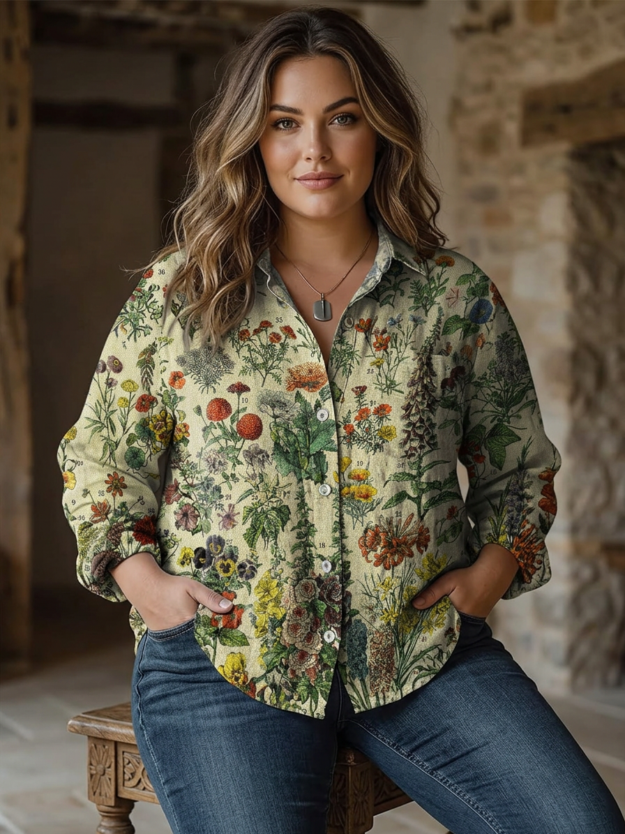 Amina | Vintage Schattige Bloemen Kunstprint Casual Lange Mouw