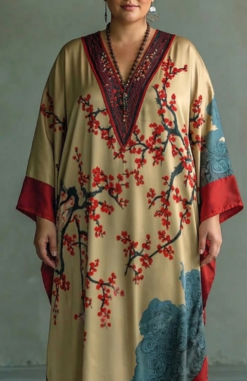 Nadia | Japanse Rode Prunus Bloesem Maxi Jurk met Vleermuismouwen en Print