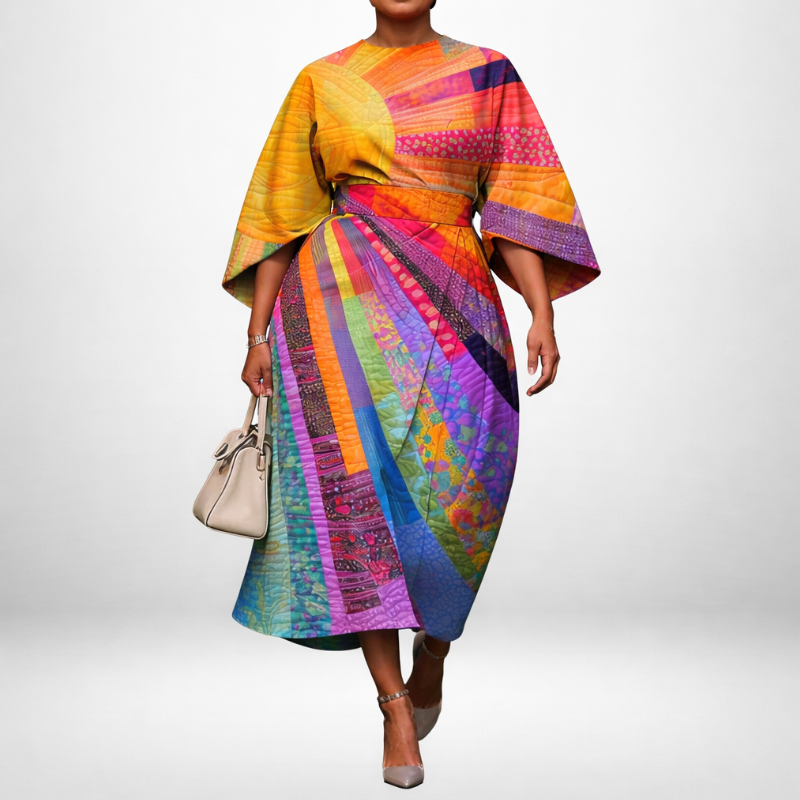 EVADNE | Patchwork Midi met Gevormde Taille en Statement Mouwen