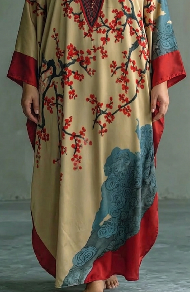 Nadia | Japanse Rode Prunus Bloesem Maxi Jurk met Vleermuismouwen en Print