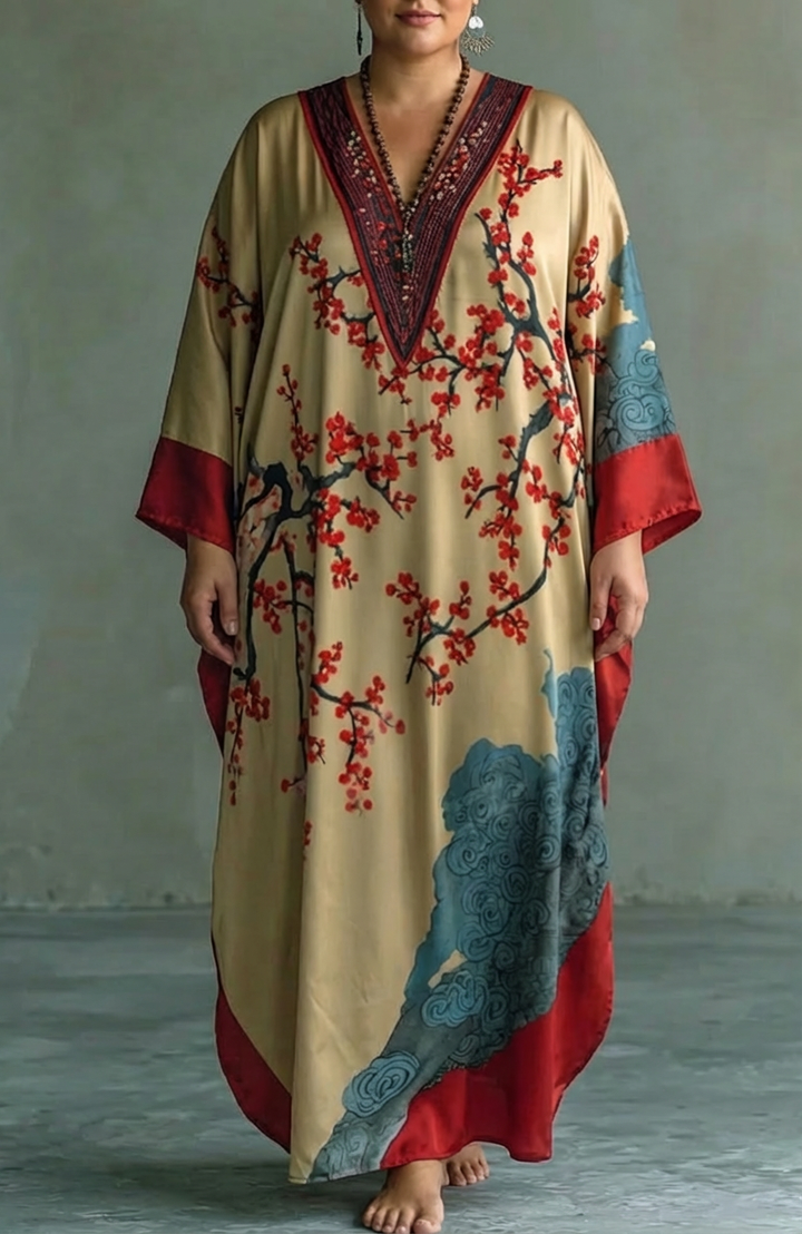 Nadia | Japanse Rode Prunus Bloesem Maxi Jurk met Vleermuismouwen en Print