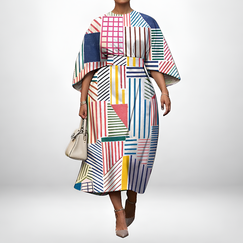FERN | Geometrische Midi met Gesculpte Taille en Moderne Kunst Elegantie