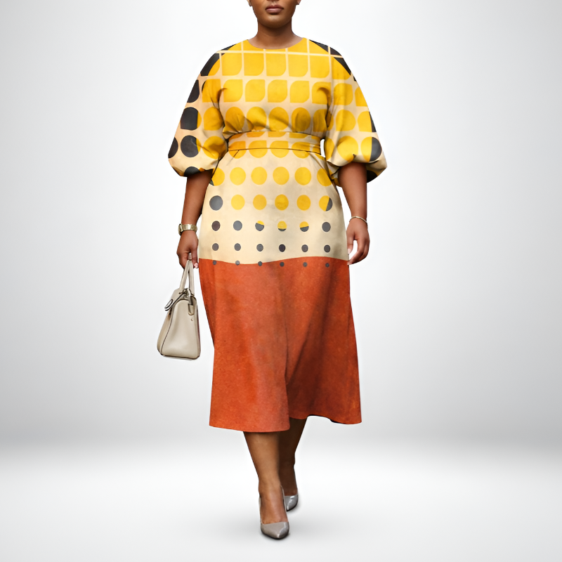 TINDRA | Polka Grid Midi met Geprofileerde Taille en Stralende Flow