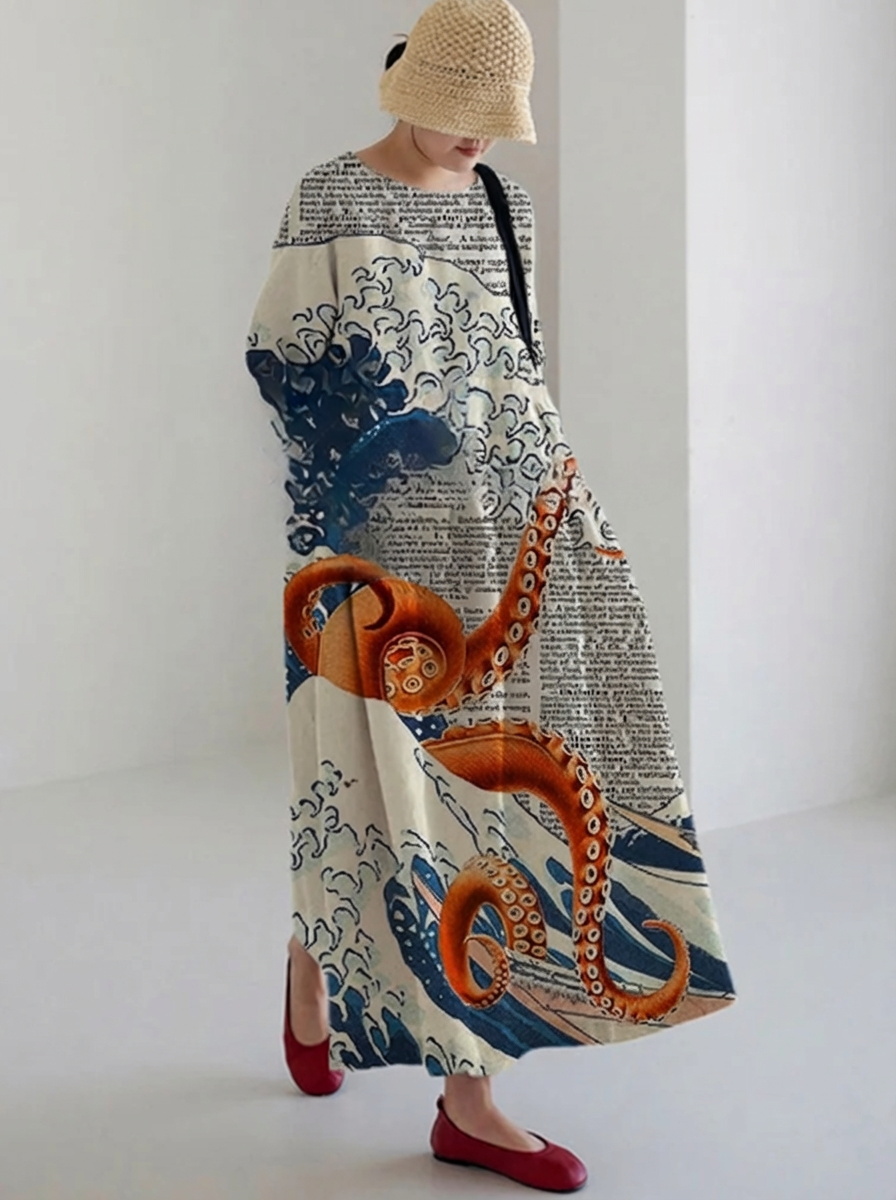Dahlia | Casual Japanse Octopus Print Lange Mouw Midi Jurk