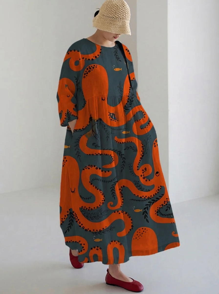 Beatrice | Art Retro Bladeren Print Losse Ronde Hals Middellange Rok Jurk