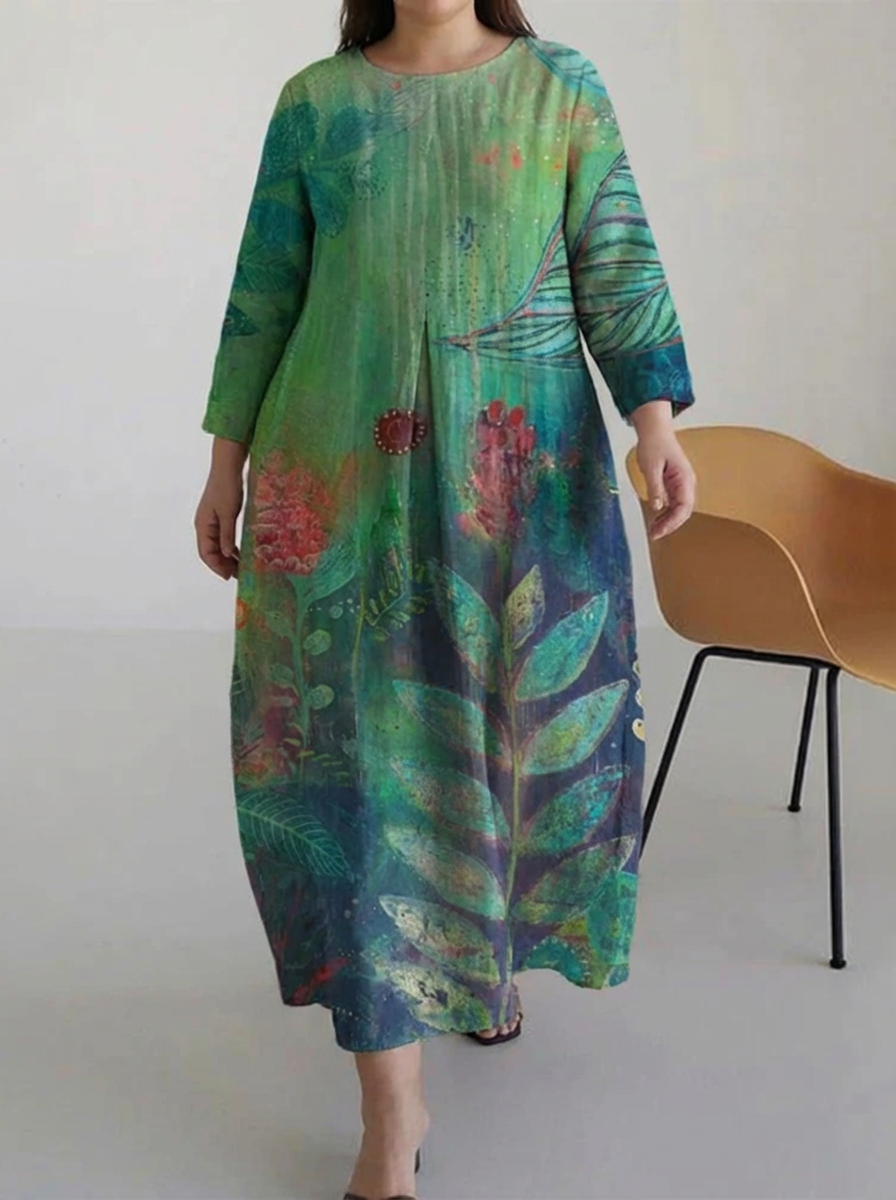 Lark | Casual Multi Bladeren Print Lange Mouwen Midi Jurk