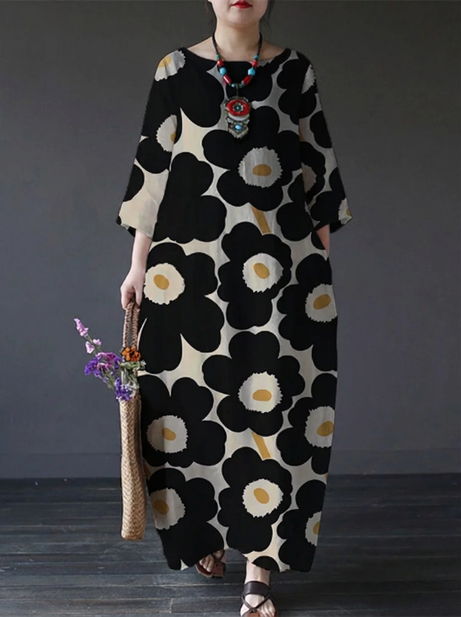 Rosa | Casual Zwarte Flory Print Losse Ronde Hals Middellange Jurk