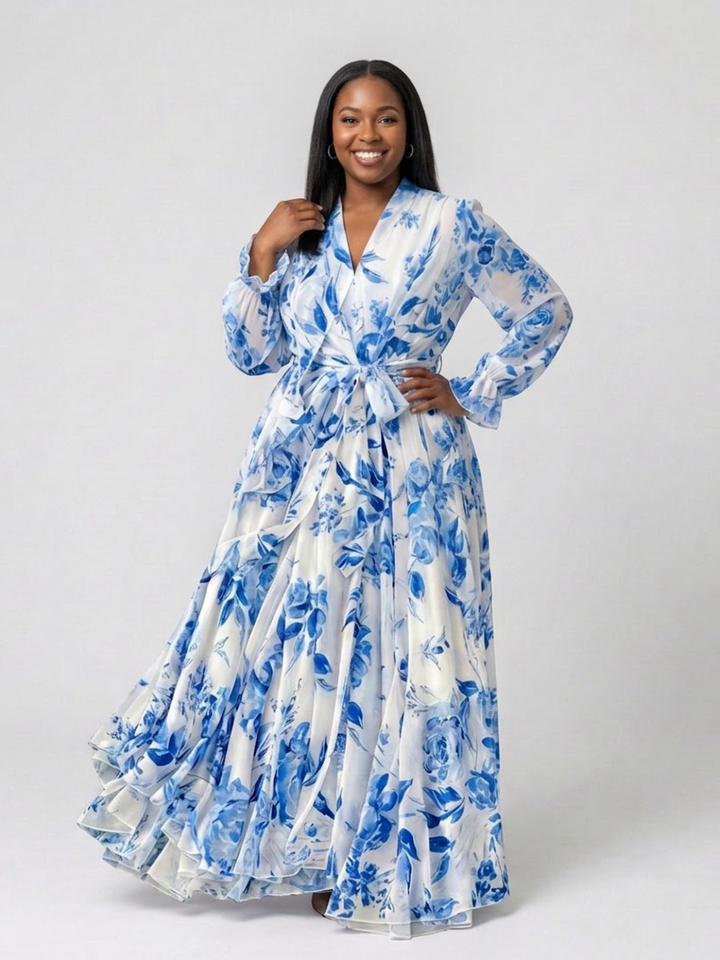 Layla | Bloemen Lange Mouwen Wikkel Maxi Jurk