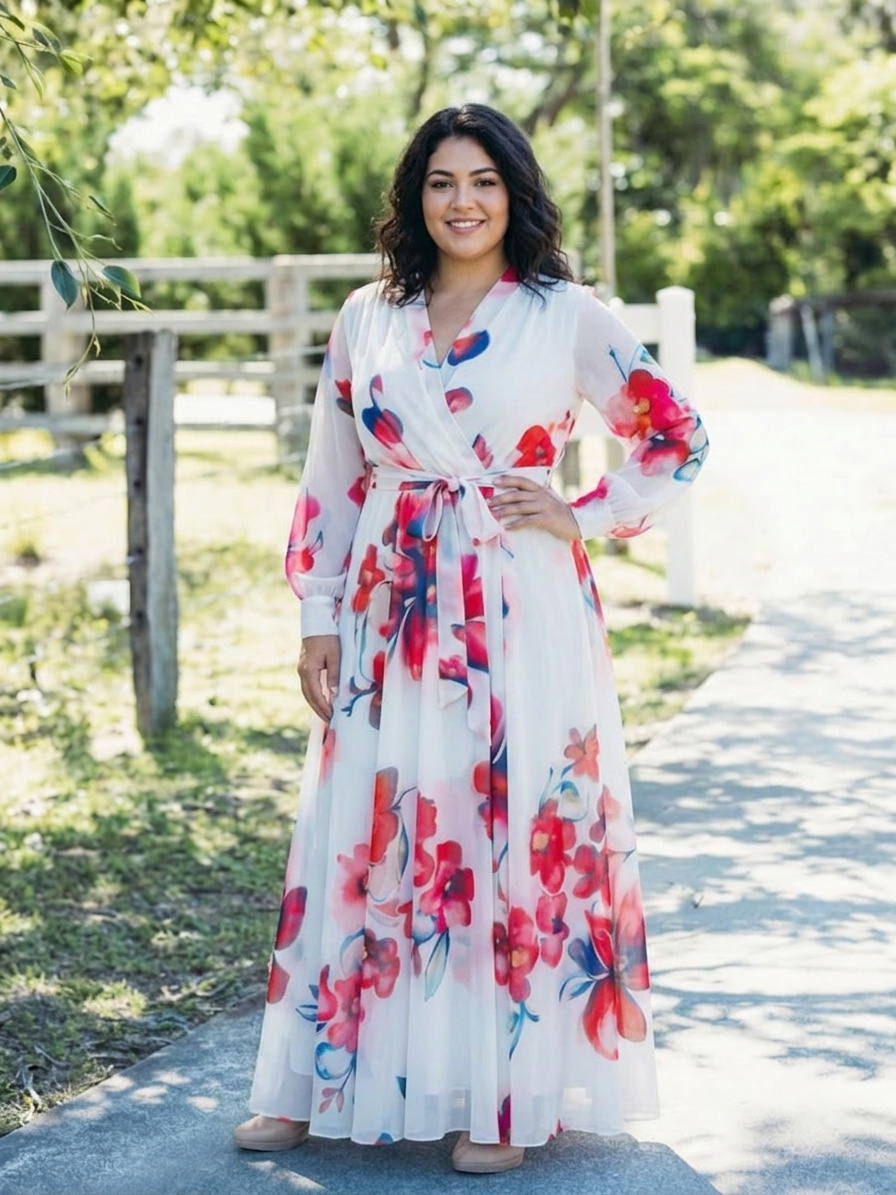 Layla | Bloemen Lange Mouwen Wikkel Maxi Jurk