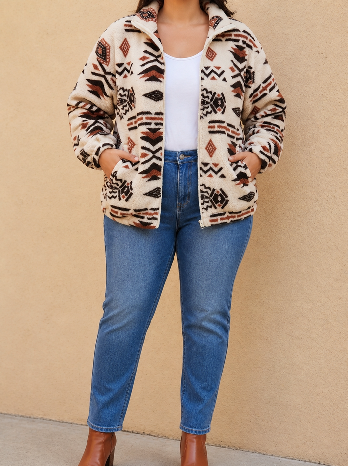 Dames Aztec Sherpa Ritsjack met Staande Kraag