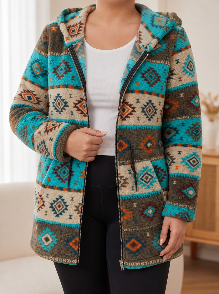 Dames Aztec Capuchonjas met Rits en Lange Pasvorm