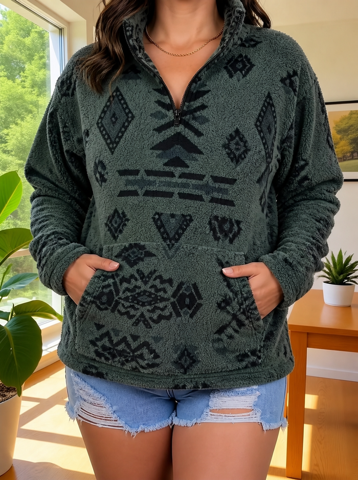 Dames Fleece Pullover Half-Zip met Azteken Patroon