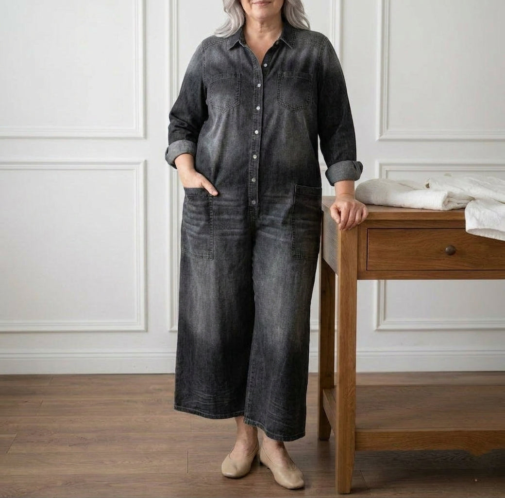 Parel | Vintage Gewassen Zachte Katoenen Denim Jumpsuit met Knopsluiting
