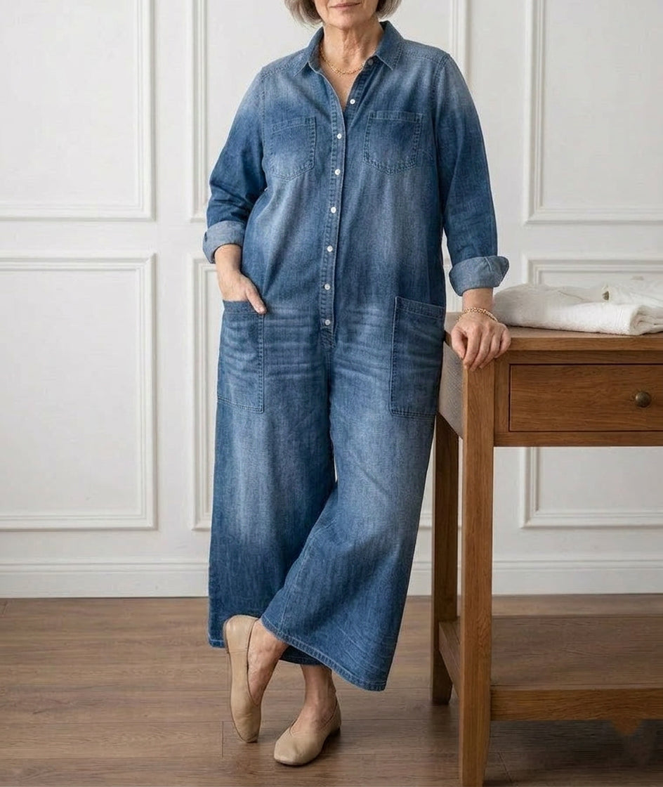 Parel | Vintage Gewassen Zachte Katoenen Denim Jumpsuit met Knopsluiting