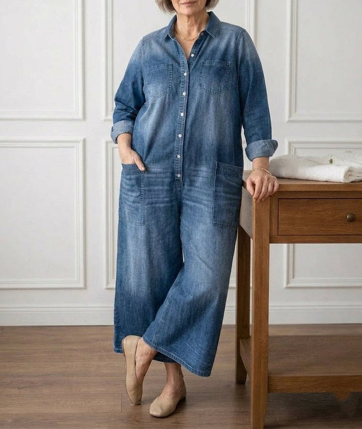 Parel | Vintage Gewassen Zachte Katoenen Denim Jumpsuit met Knopsluiting
