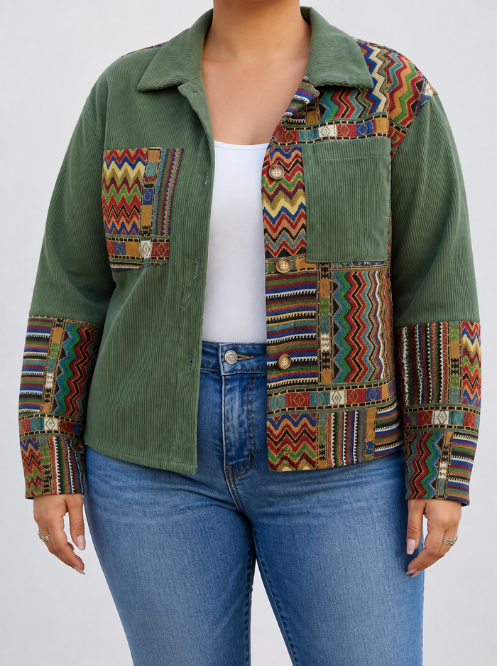 Dames Patchwork Jas met Brede Kraag en Knoopsluiting
