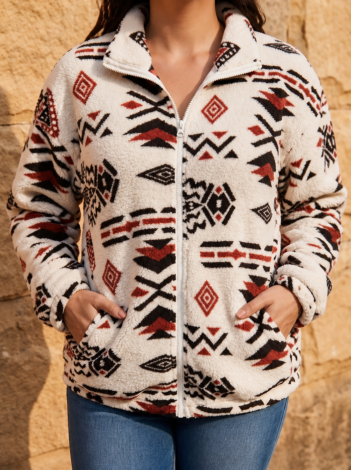 Dames Sherpa Jas met Capuchon en Azteeks Patroon